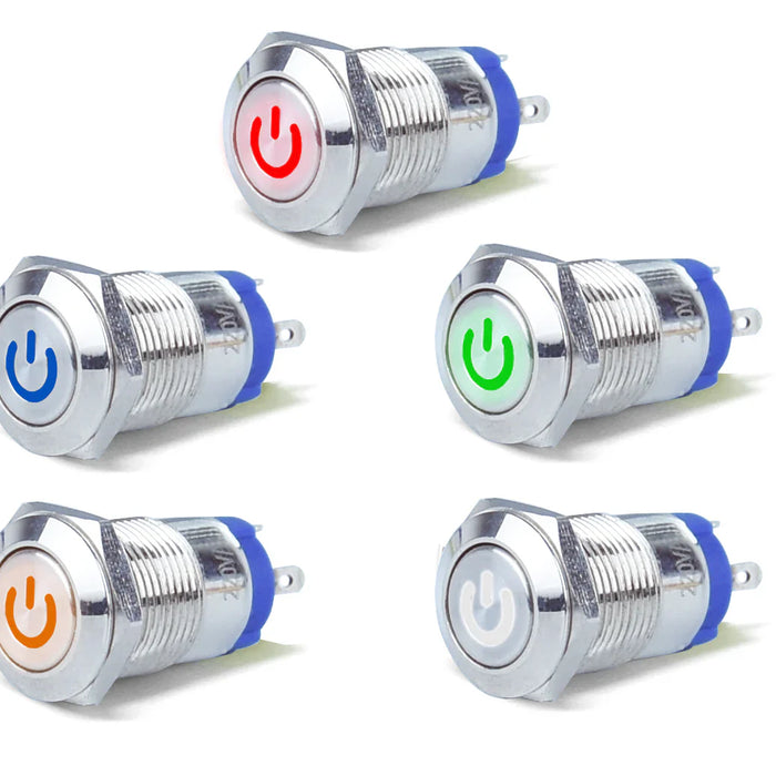 12mm Power Symbol Illuminated Metal Push Buttons from PMD Way with free delivery