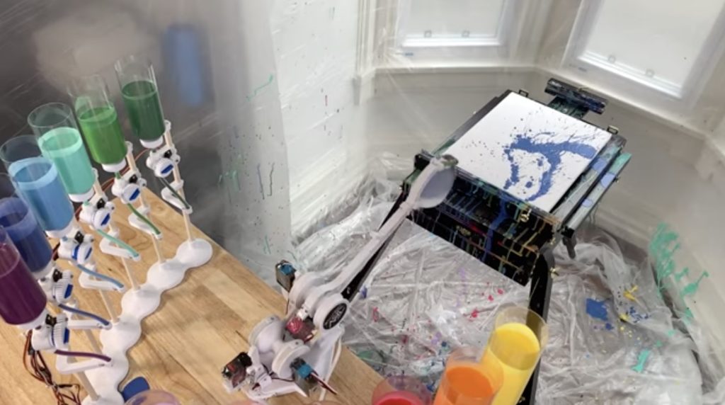 Flingbot is a robot that flings paint at a canvas to create art