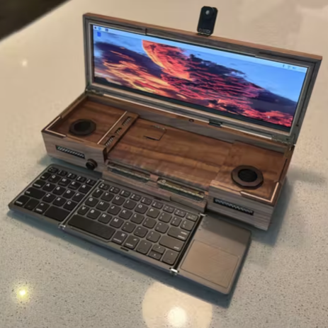 This Custom-Built Walnut "Laptop" Hides a Raspberry Pi, Camera, Mic, Speakers, and a USB Power Bank