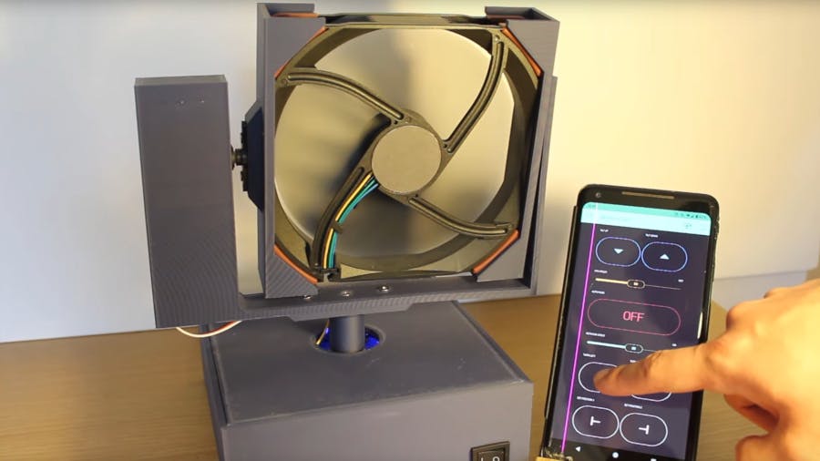 Red's Highly-Adjustable 3D-Printed Smart Desktop Fan Links an ESP32 to a Smartphone App via Blynk