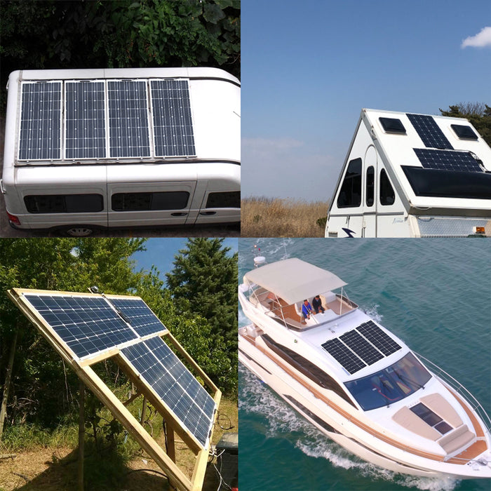 Keep your campsite powered... RV, caravan or boat battery charged up, or operate a 12V DC power system for your location with ease using one of these 12V 120W to 720W flexible solar power supply kits from PMD Way with free delivery worldwide
