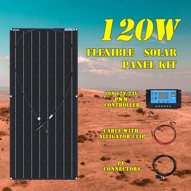 Keep your campsite powered... RV, caravan or boat battery charged up, or operate a 12V DC power system for your location with ease using one of these 12V 120W to 720W flexible solar power supply kits from PMD Way with free delivery worldwide