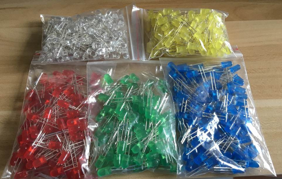 Assorted 5mm LED Kit - 500 Pack - Red Green Yellow Blue White from PMD Way with free delivery worldwide
