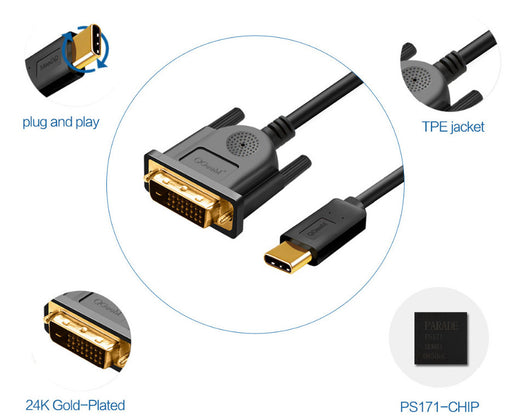 Use DVI displays or projectors with your Macbook or newer laptop using the USB C to DVI Video Plug Cable from PMD Way with free delivery worldwide