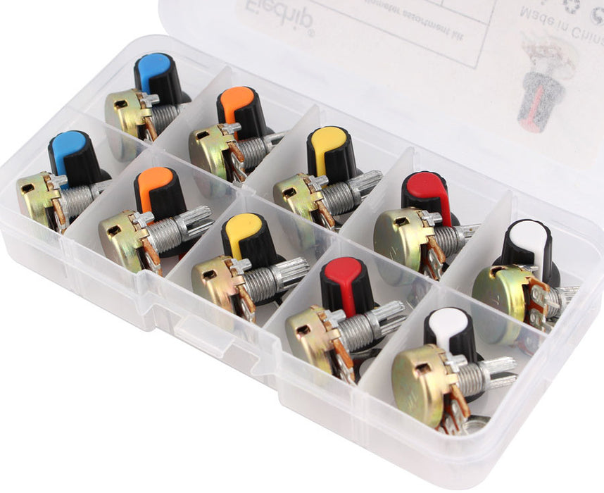Assorted 15mm Linear Potentiometer Pack with Knobs - Ten Pack from PMD Way with free delivery worldwide