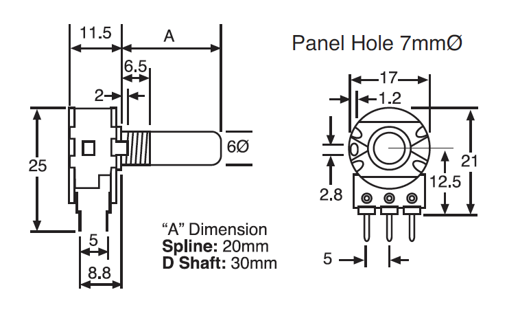 5K 16mm Linear Splined Potentiometer D Shaft Pot 5K 16mm Linear Splined Potentiometer D Shaft Pot