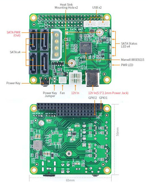 Add four SATA hard drives to your Raspberry Pi with the NanoPi M4 6Gbps SATA x 4 HAT from PMD Way with free delivery worldwide