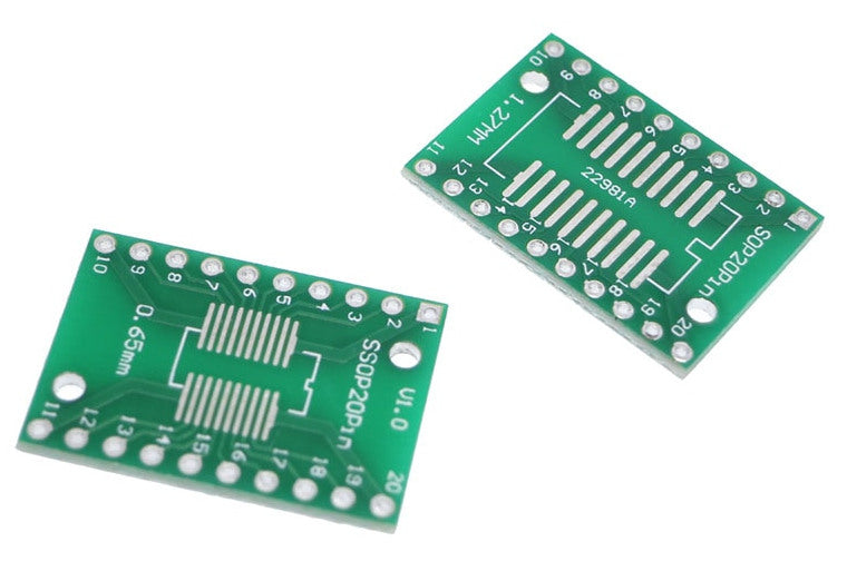 SOIC20 TSSOP20 to DIP Adaptor PCBs in packs of ten from PMD Way with free delivery worldwide