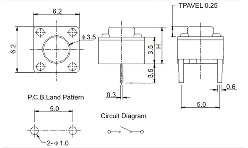 Two Leg 6 x 6 x 4.3mm Tactile Buttons - 100 Pack — PMD Way