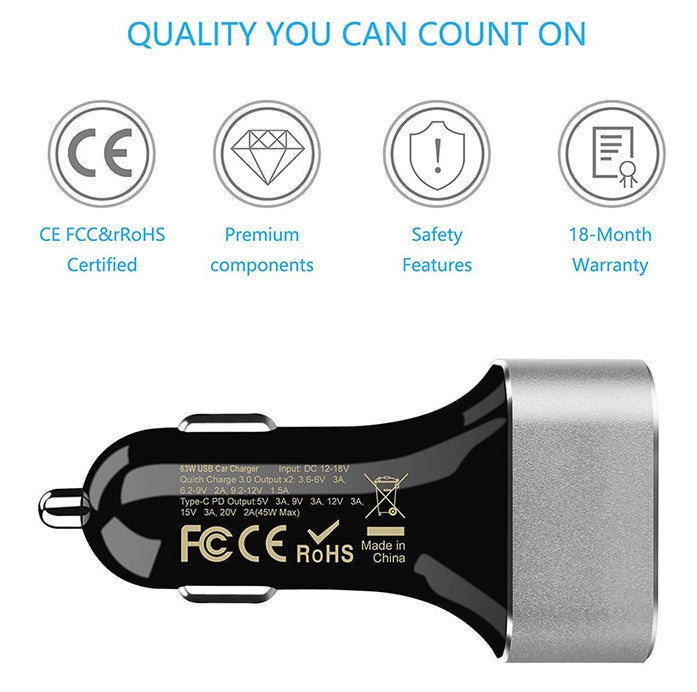 USB C and Quick Charge Dual USB Car Charger from PMD Way with free delivery worldwide